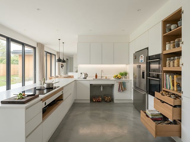a modern kitchen with a counter